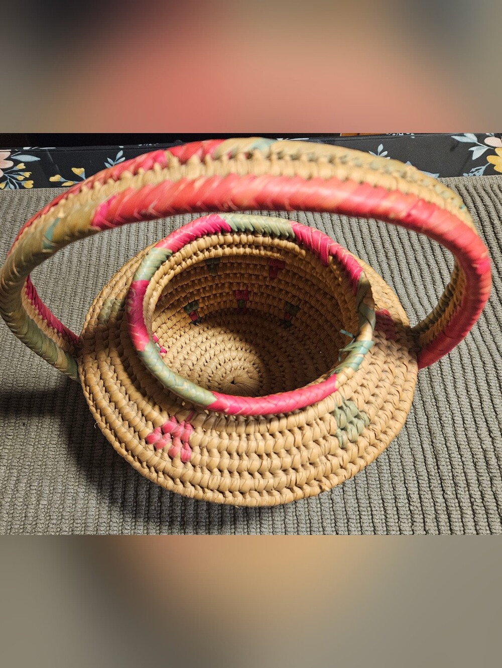 Handwoven Straw Basket with Pink & Green Accents - Picture 2 of 5